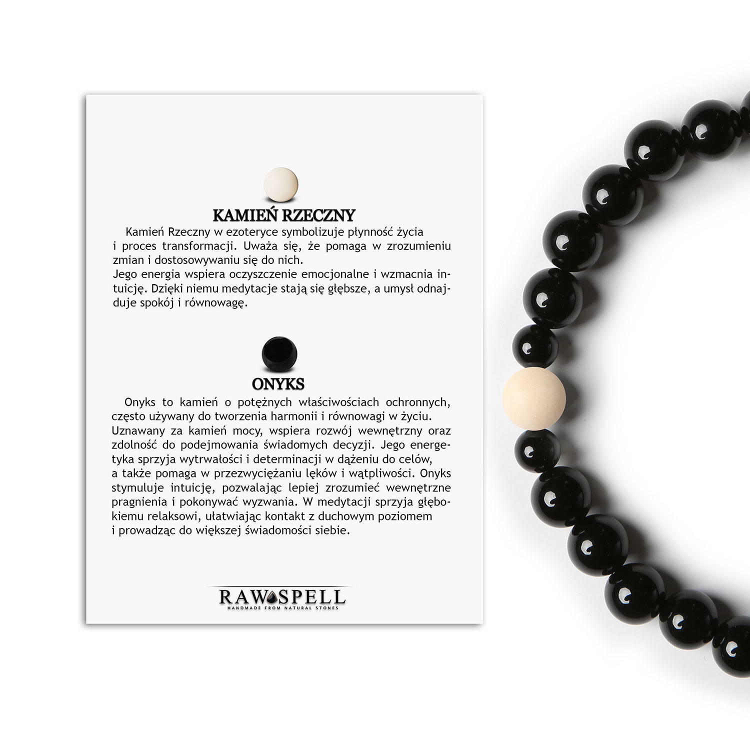 Bransoletka Binthe z Kamieniem Rzecznym oraz Onyksami - uniwersalny wybór dla każdego Stylowa bransoletka Binthe z kamieniem rzecznym i onyksowym, idealna dla kobiet i mężczyzn.