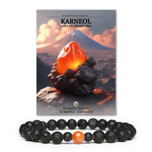 Bransoletka z kolekcji Binthe, wykonana z karneolu i lawy wulkanicznej, dostępna w wersji damskiej i męskiej.
