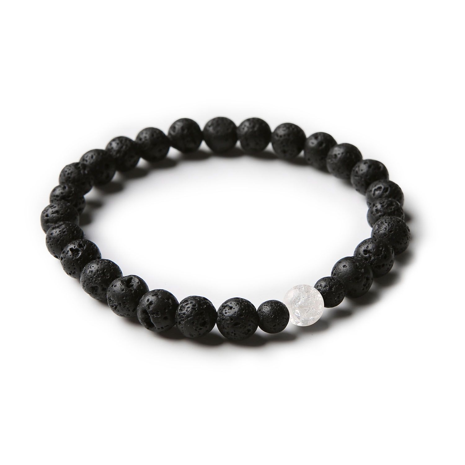 Stylowa bransoletka z kolekcji Binthe, łącząca Kryształ Górski Lodowy i Lawa Wulkaniczna, przeznaczona dla kobiet i mężczyzn.