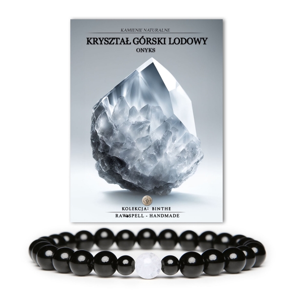 Stylowa bransoletka z kolekcji Binthe, dostępna w wersji damskiej i męskiej, z kryształem górskim lodowym i onyksami.