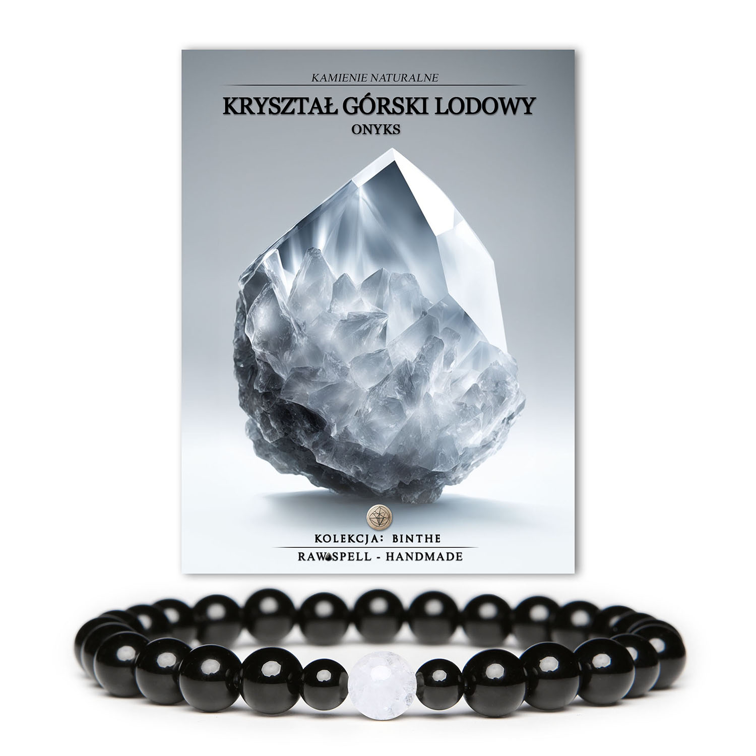 Stylowa bransoletka z kolekcji Binthe, dostępna w wersji damskiej i męskiej, z kryształem górskim lodowym i onyksami.