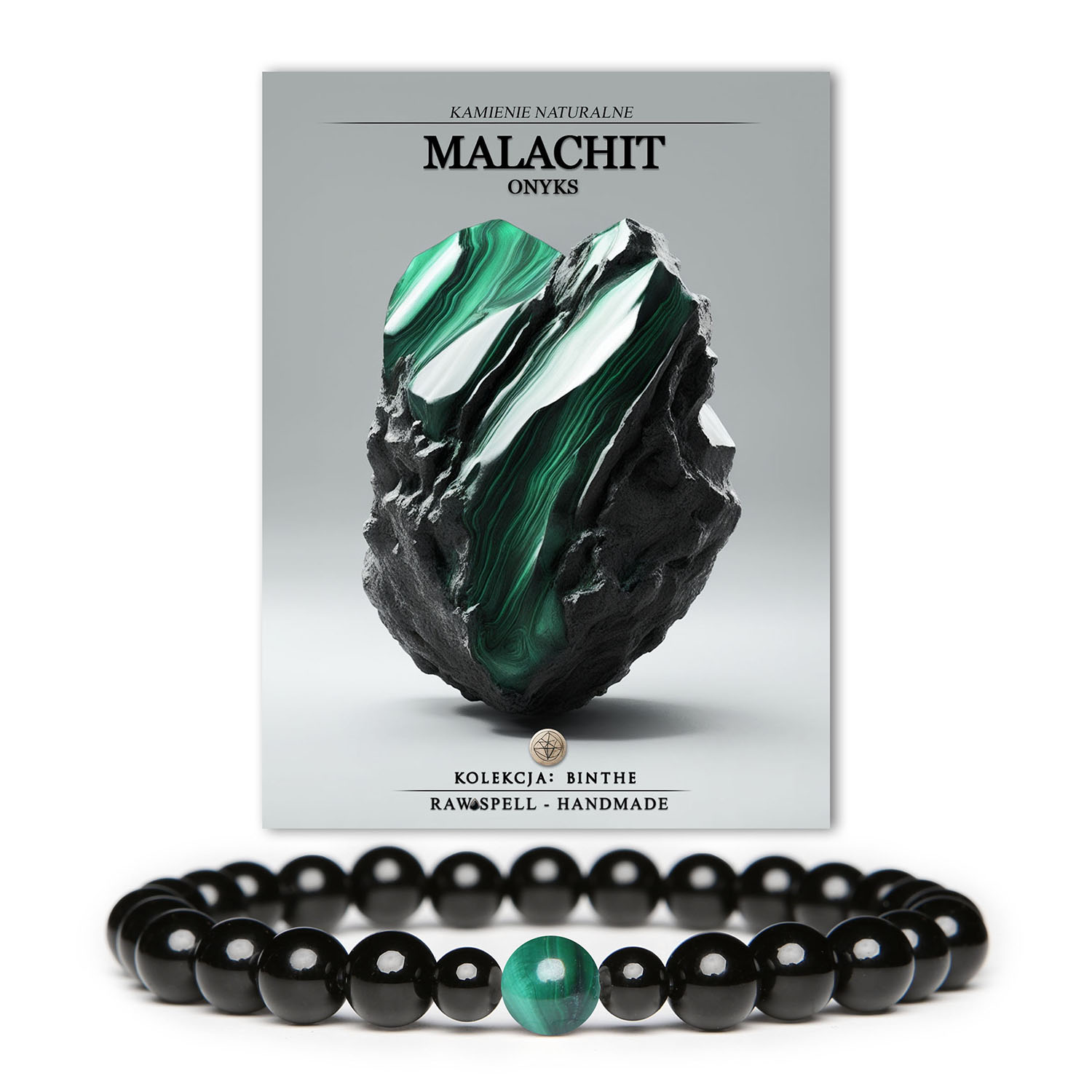 Elegancka bransoletka z malachitu i onksu z kolekcji Binthe, doskonała zarówno dla pań, jak i panów.