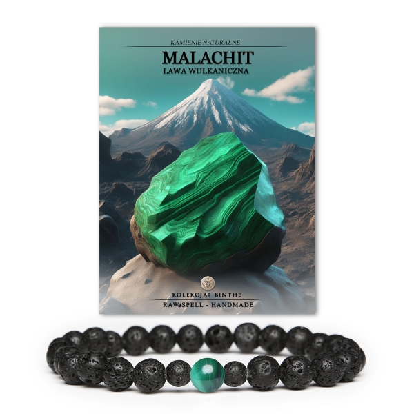 Bransoletka Binthe w unikalnym połączeniu malachitu i lawy wulkanicznej, dostępna zarówno dla kobiet, jak i mężczyzn.