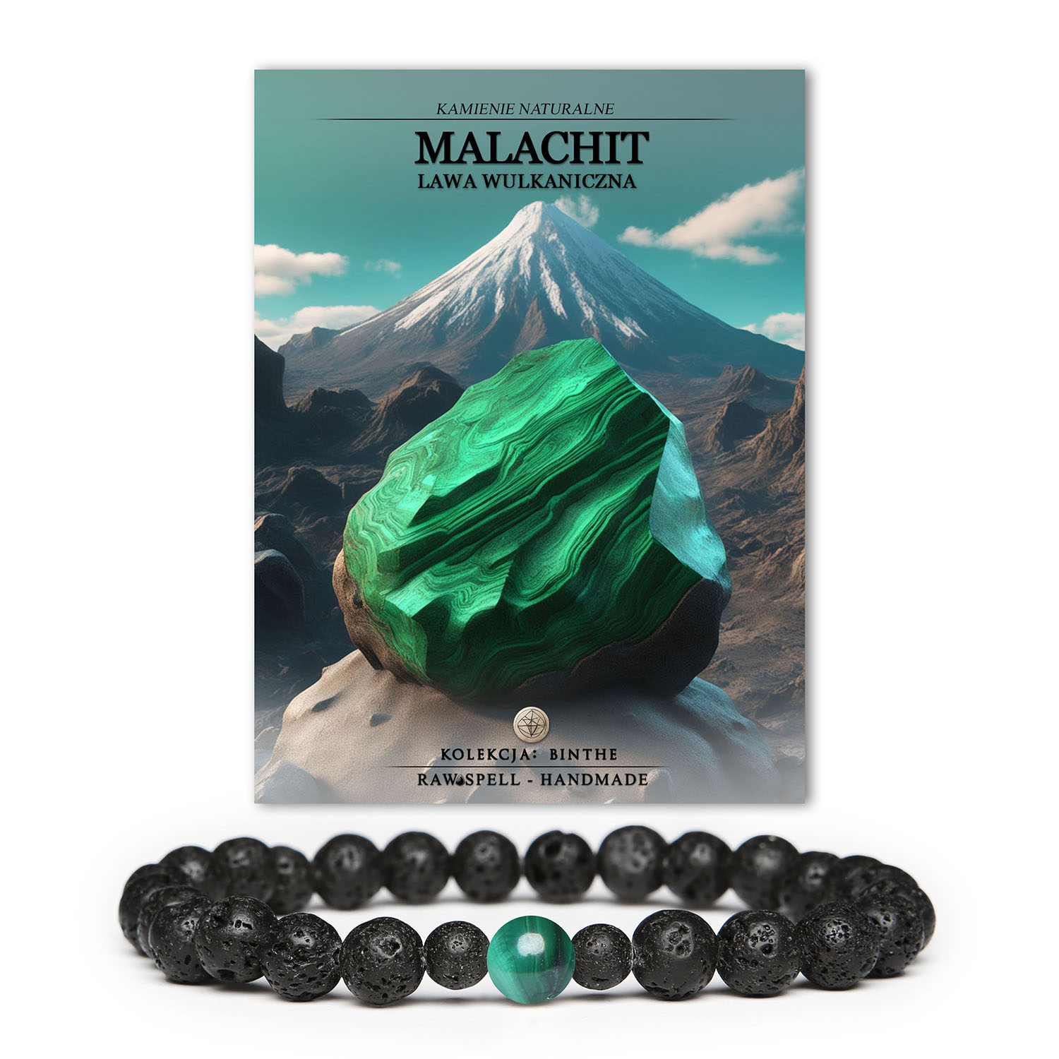Bransoletka Binthe w unikalnym połączeniu malachitu i lawy wulkanicznej, dostępna zarówno dla kobiet, jak i mężczyzn.