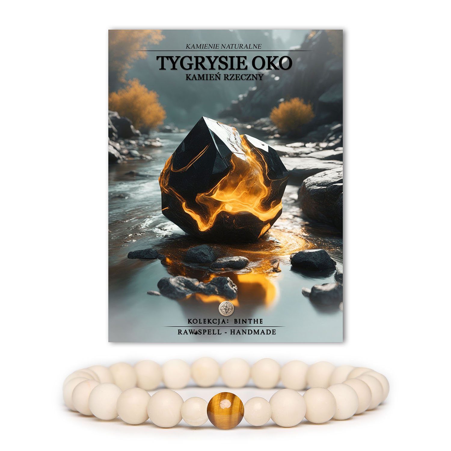Elegancka bransoletka z kolekcji Binthe, ozdobiona kamieniami tygrysie oko i kamień rzeczny, odpowiednia dla kobiet i mężczyzn.