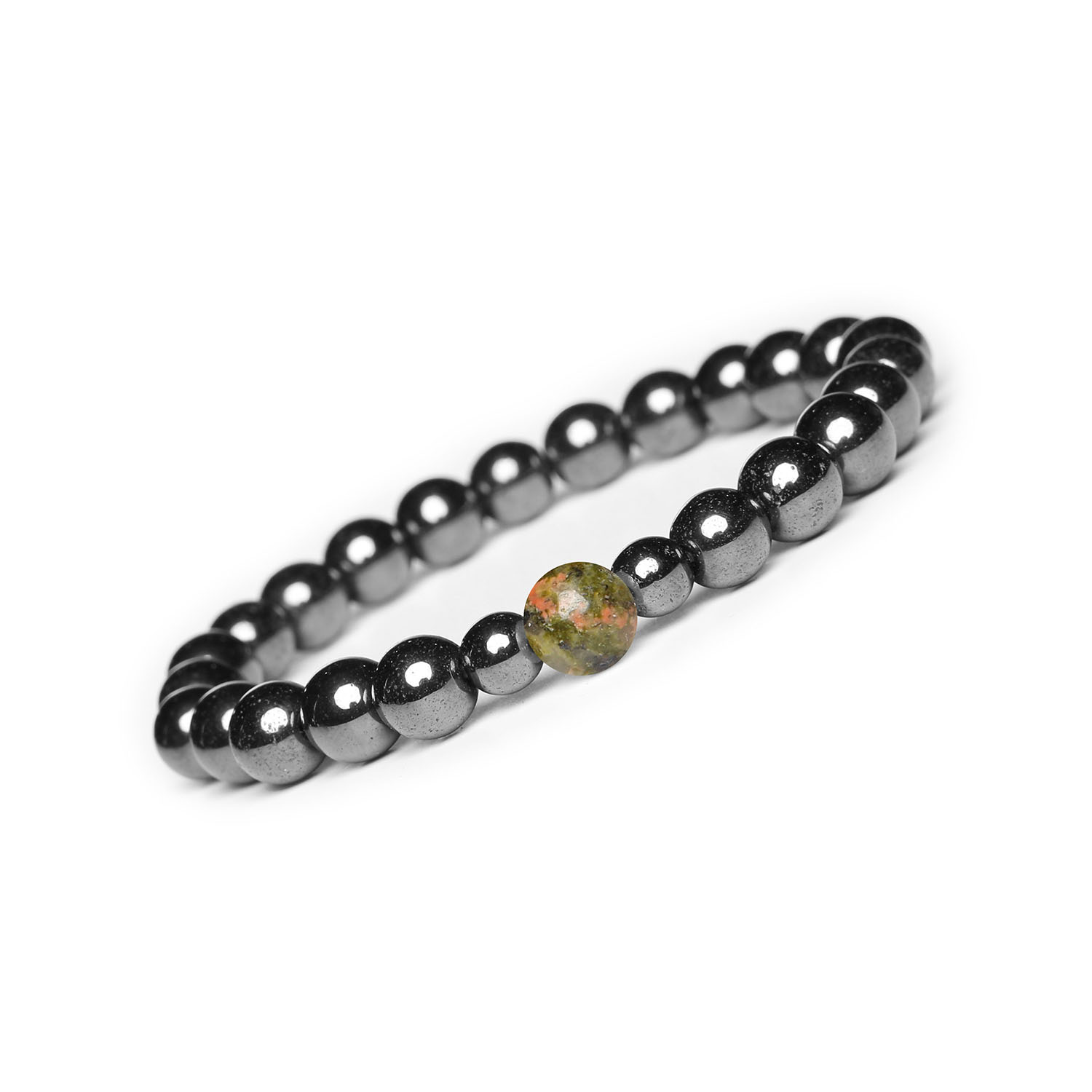 Bransoletka Binthe z Unakitem i Hematytem Grafitowym - Kamienie Naturalne dla Damskich i Męskich Stylizacji Elegancka bransoletka z kolekcji Binthe, łącząca unakit i hematyt grafitowy, stworzona z myślą o kobietach i mężczyznach.