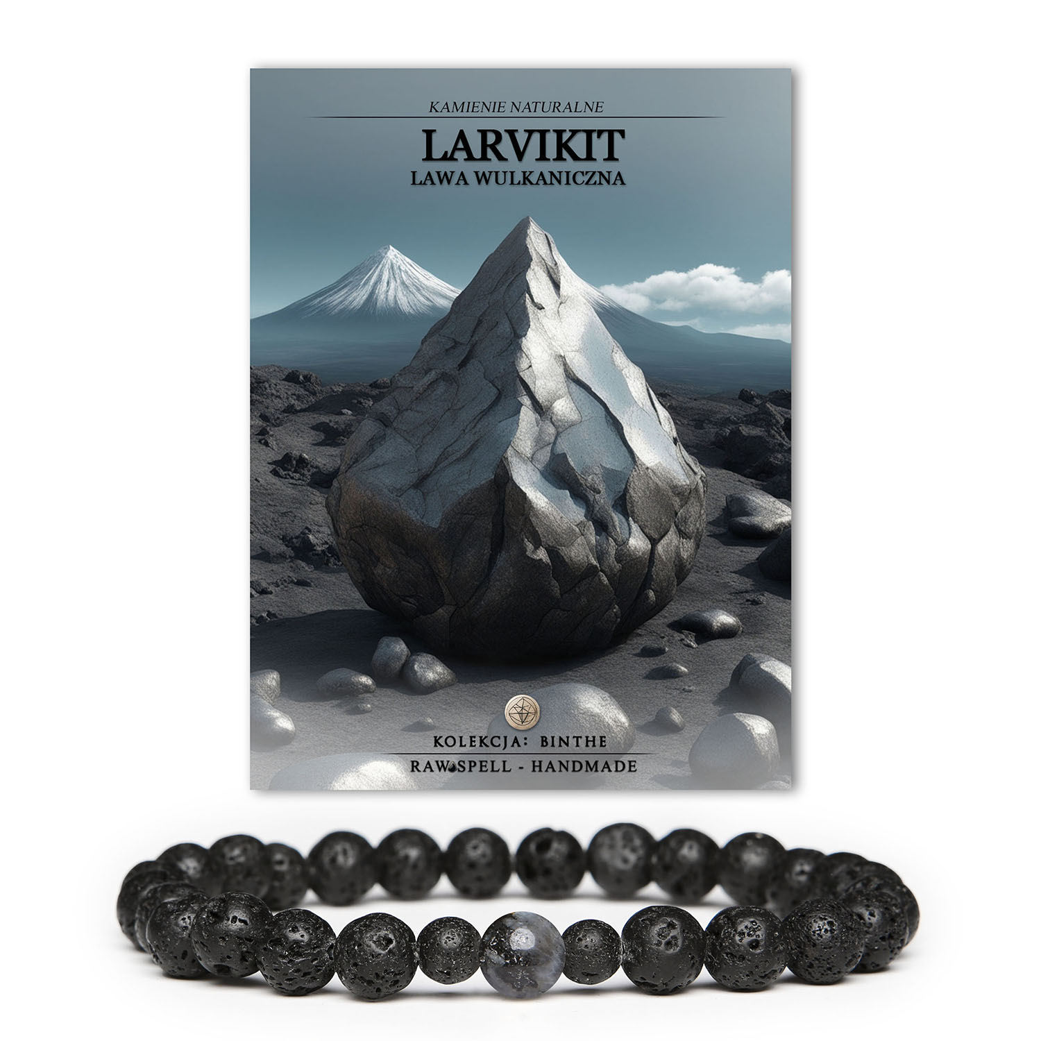 Bransoletka z kolekcji Binthe, łącząca larvikit i lawę wulkaniczną, uniwersalny dodatek dla kobiet i mężczyzn.