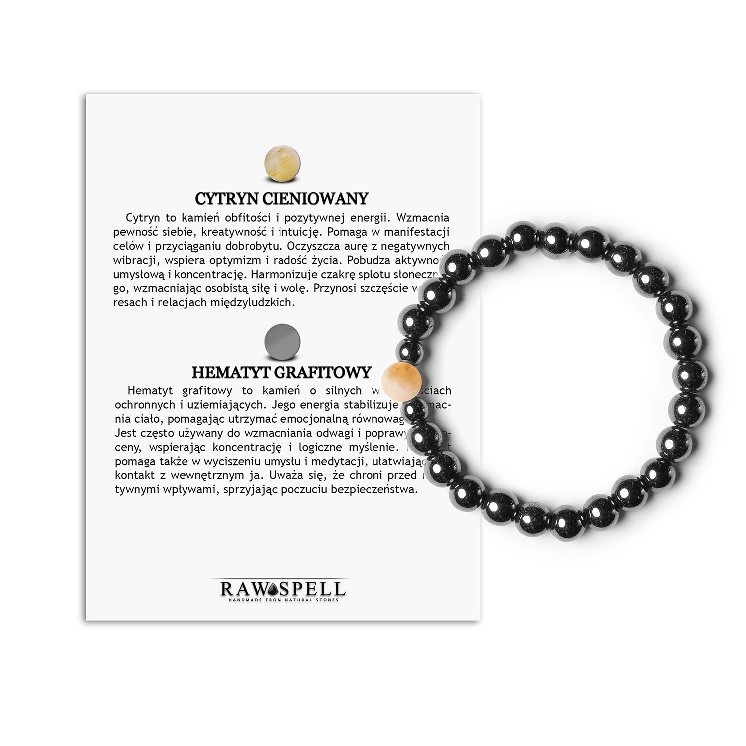 Bransoletka Binthe z cytrynem i hematytem Damska i męska biżuteria z kamieni naturalnych w grafitowym odcien Bransoletka z kolekcji Binthe z cieniowanym cytrynem i grafitowym hematytem - kamienie naturalne dla kobiet i mężczyzn.