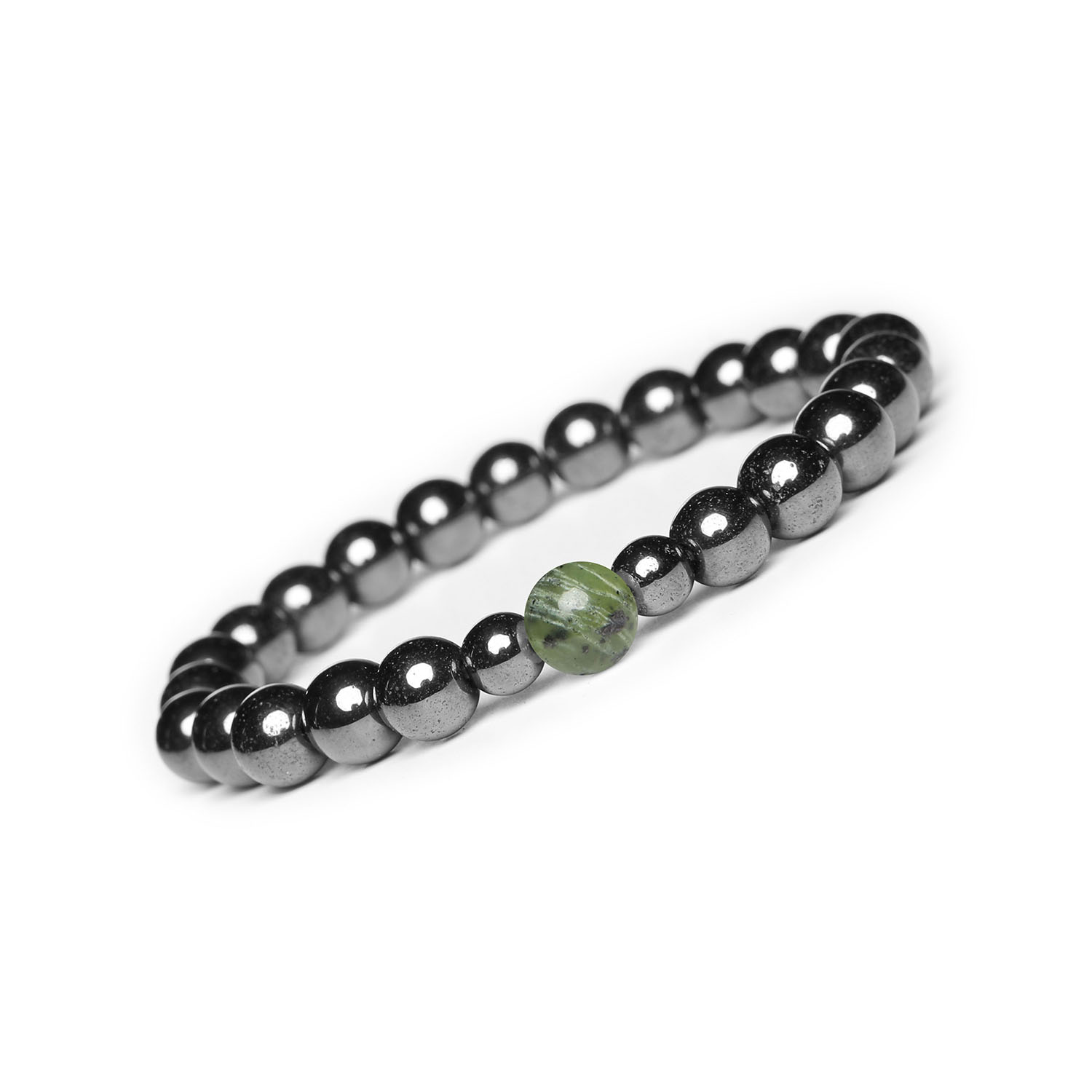 Bransoletka Binthe z jadeitem zielonym i hematytem grafitowym – naturalne kamienie dla kobiet i mężczyzn Bransoletka damska i męska z kolekcji Binthe, z naturalnymi kamieniami jadeitu zielonego oraz hematytu grafitowego.