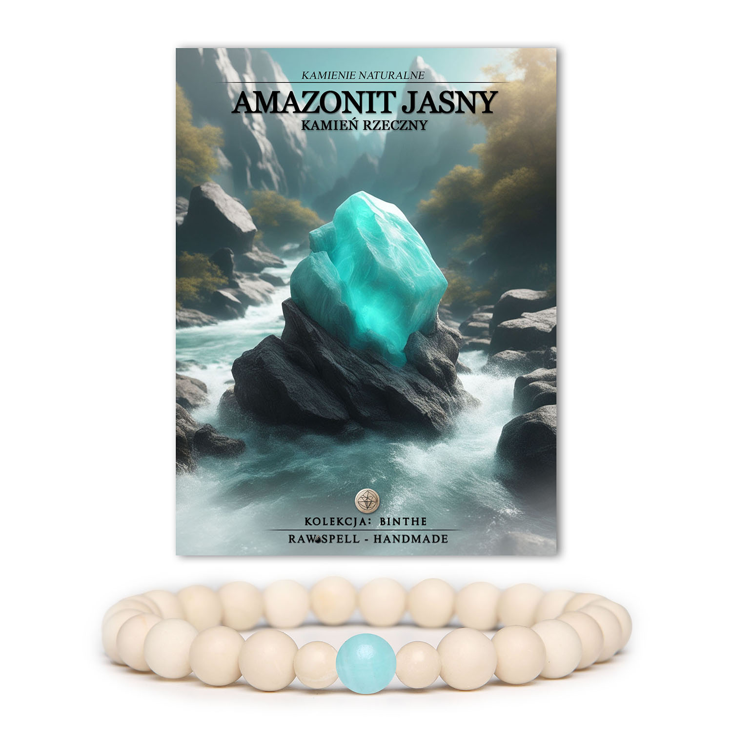 Bransoletka z kolekcji Binthe wykonana z jasnego amazonitu i kamienia rzecznego, dostępna w wersji damskiej i męskiej.