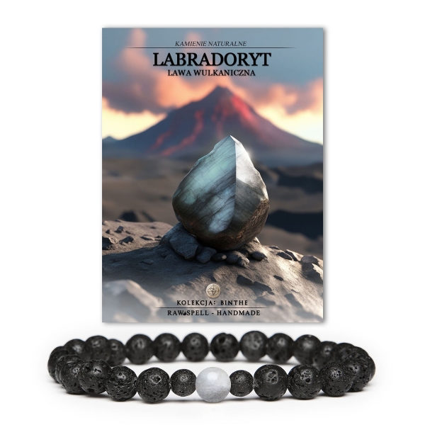 Stylowa bransoletka Binthe z labradorytem i lawą wulkaniczną, idealna dla obu płci.