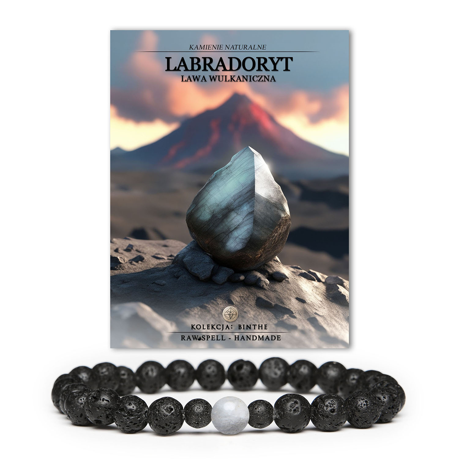 Stylowa bransoletka Binthe z labradorytem i lawą wulkaniczną, idealna dla obu płci.