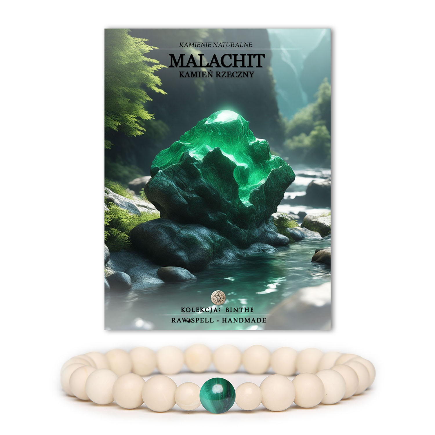 Bransoletka Binthe z naturalnych kamieni - malachit i kamień rzeczny, dostępna w wersji damskiej i męskiej.