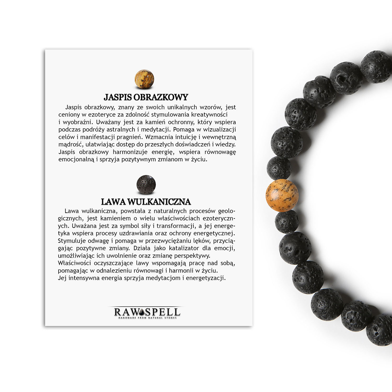 Bransoletka Binthe z naturalnych kamieni Jaspis Obrazkowy i Lawa Wulkaniczna - doskonała zarówno dla kobiet Modna bransoletka z kolekcji Binthe, wykonana z jaspisu obrazkowego oraz lawy wulkanicznej, przeznaczona dla obojga płci.