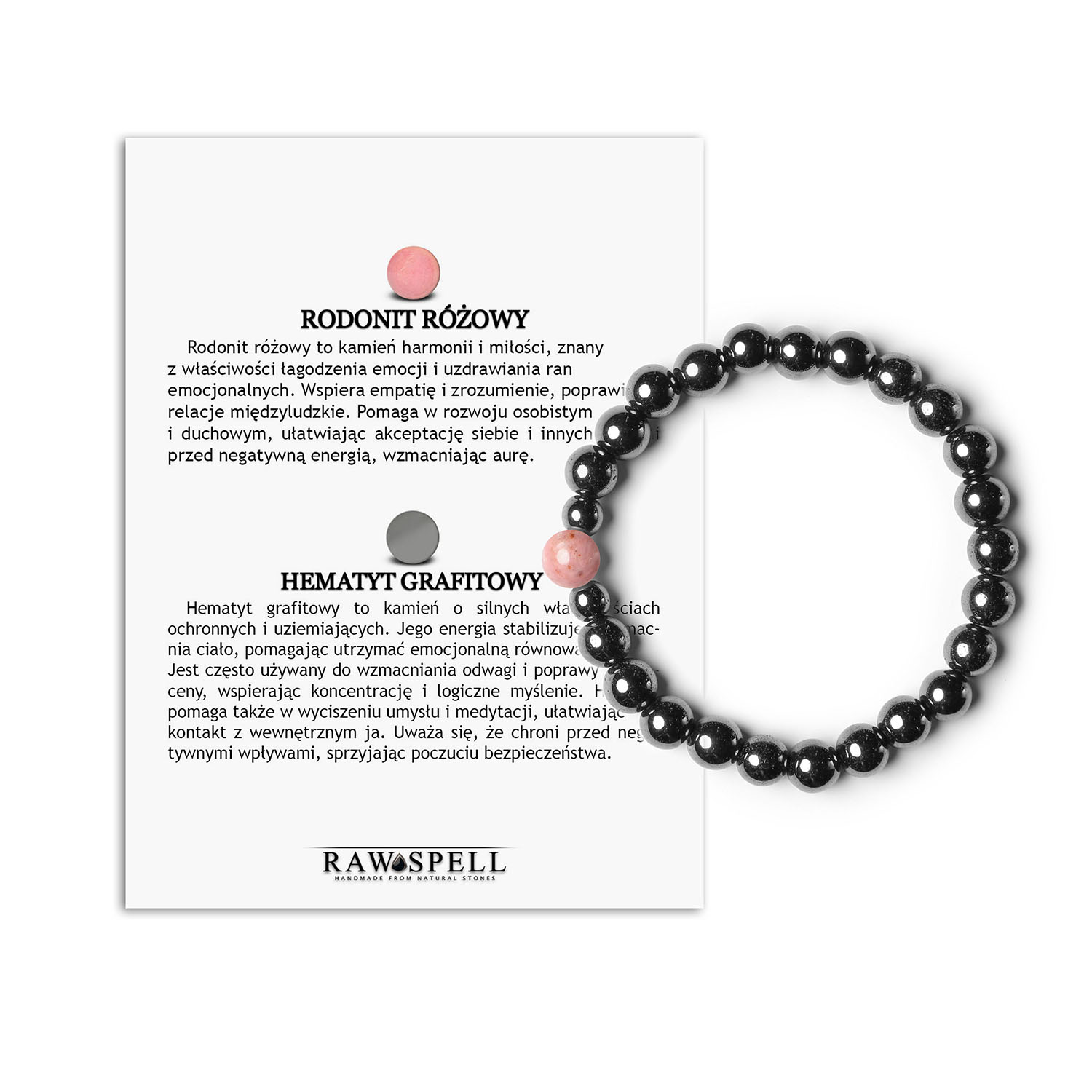 Bransoletka Binthe z naturalnych kamieni rodonit i hematyt Damska i męska elegancja Stylowa bransoletka z kolekcji Binthe, łącząca różowy rodonit i grafitowy hematyt, odpowiednia zarówno dla kobiet, jak i mężczyzn.
