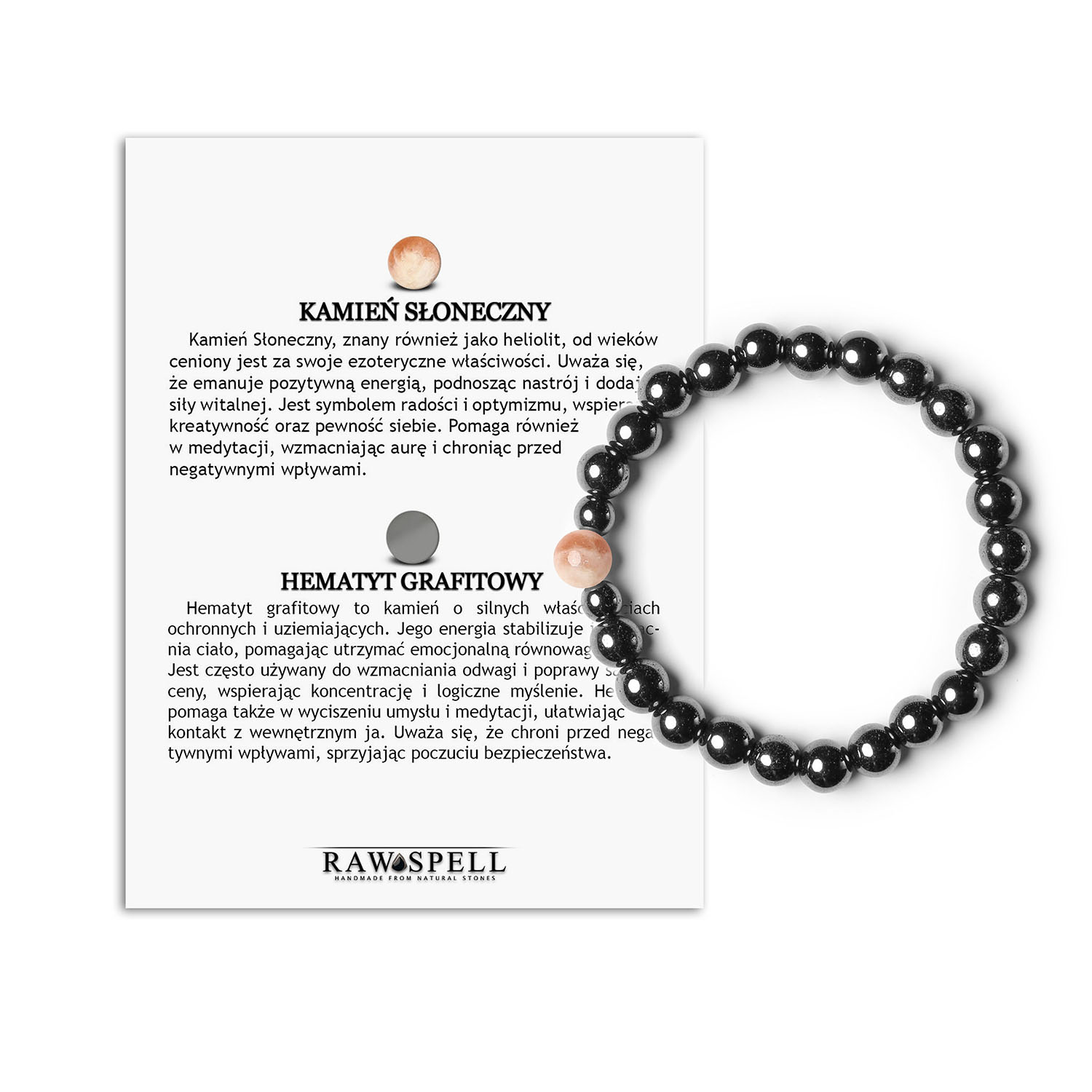 Bransoletka Binthe z naturalnym Kamieniem Słonecznym i Hematytem Grafitowym. Unisex – na każdą okazję Naturalna bransoletka z kolekcji Binthe z Kamieniem Słonecznym i Hematytami Grafitowymi, pasująca do każdej stylizacji zarówno dla pań, jak i panów.