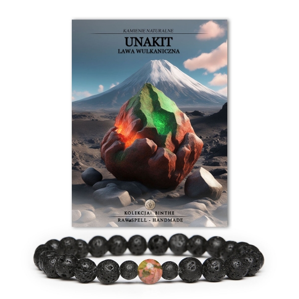 Elegancka bransoletka Binthe z unakitem i lawą wulkaniczną, odpowiednia dla obojga płci.