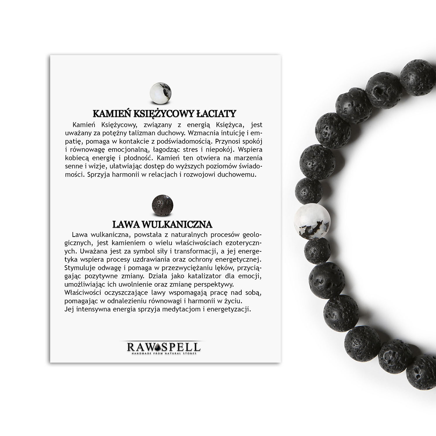 Bransoletka Binthe z wyjątkowym połączeniem Kamienia Księżycowego Łaciatego i Lawy Wulkanicznej Bransoletka Binthe z kamieniem księżycowym łaciatym i lawą wulkaniczną, idealna dla kobiet i mężczyzn.