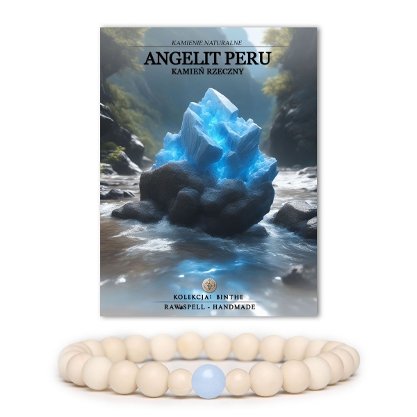 Bransoletka Binthe z naturalnych kamieni, w tym angelit z Peru i kamień rzeczny, odpowiadająca zarówno męskim, jak i damskim gustom.