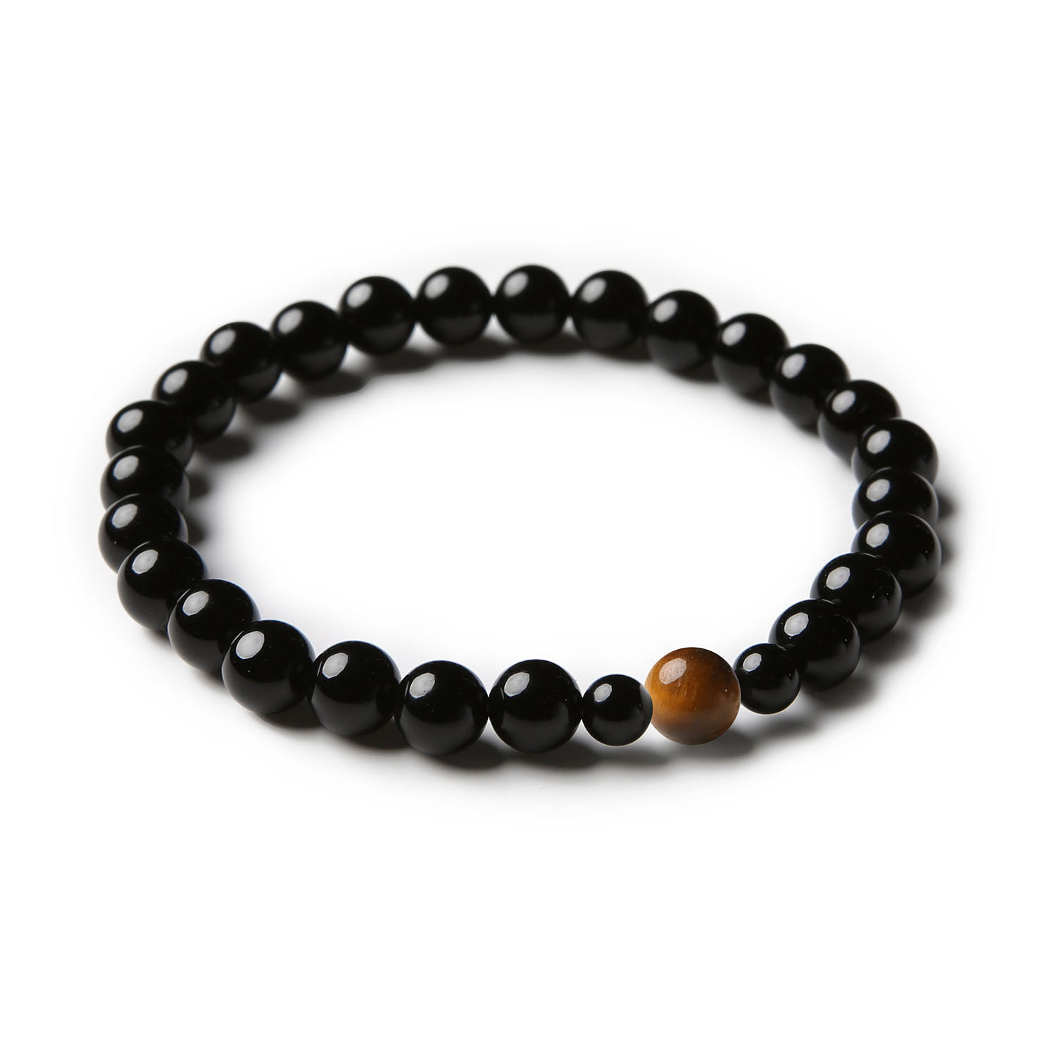 Stylowa bransoletka Binthe z tygrysim okiem oraz onyksami, idealna dla obu płci.