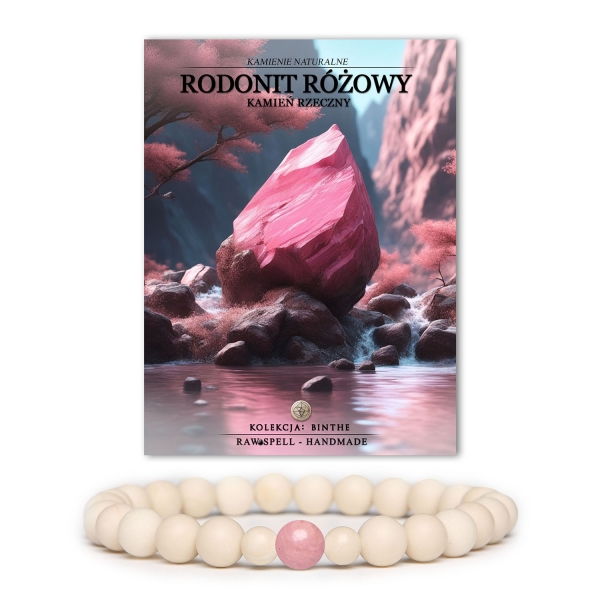 Unikatowa bransoletka Binthe z rodonitem różowym i kamieniem rzecznym, doskonała dla każdego, kto ceni naturalne materiały.