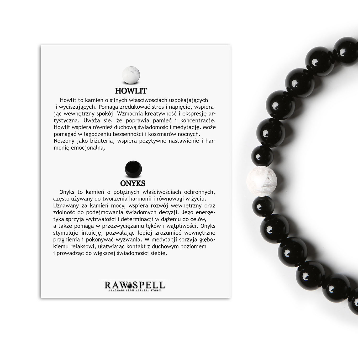 Bransoletka Binthe – elegancja Howlitu i Onyksu, stworzona dla kobiet i mężczyzn Bransoletka Binthe z howlitem i onyksu, uniwersalny dodatek dla każdego - dostępna w wersji dla kobiet i mężczyzn.