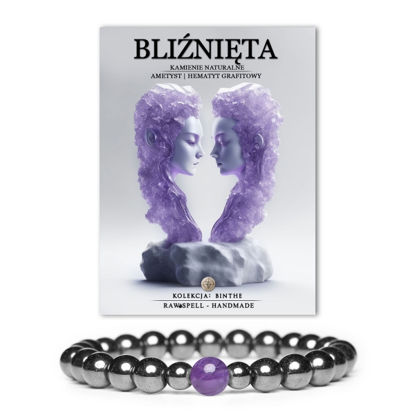 Bransoletka damska i męska Binthe z ametystu i hematytu, symbolizująca dualizm Bliźniąt.