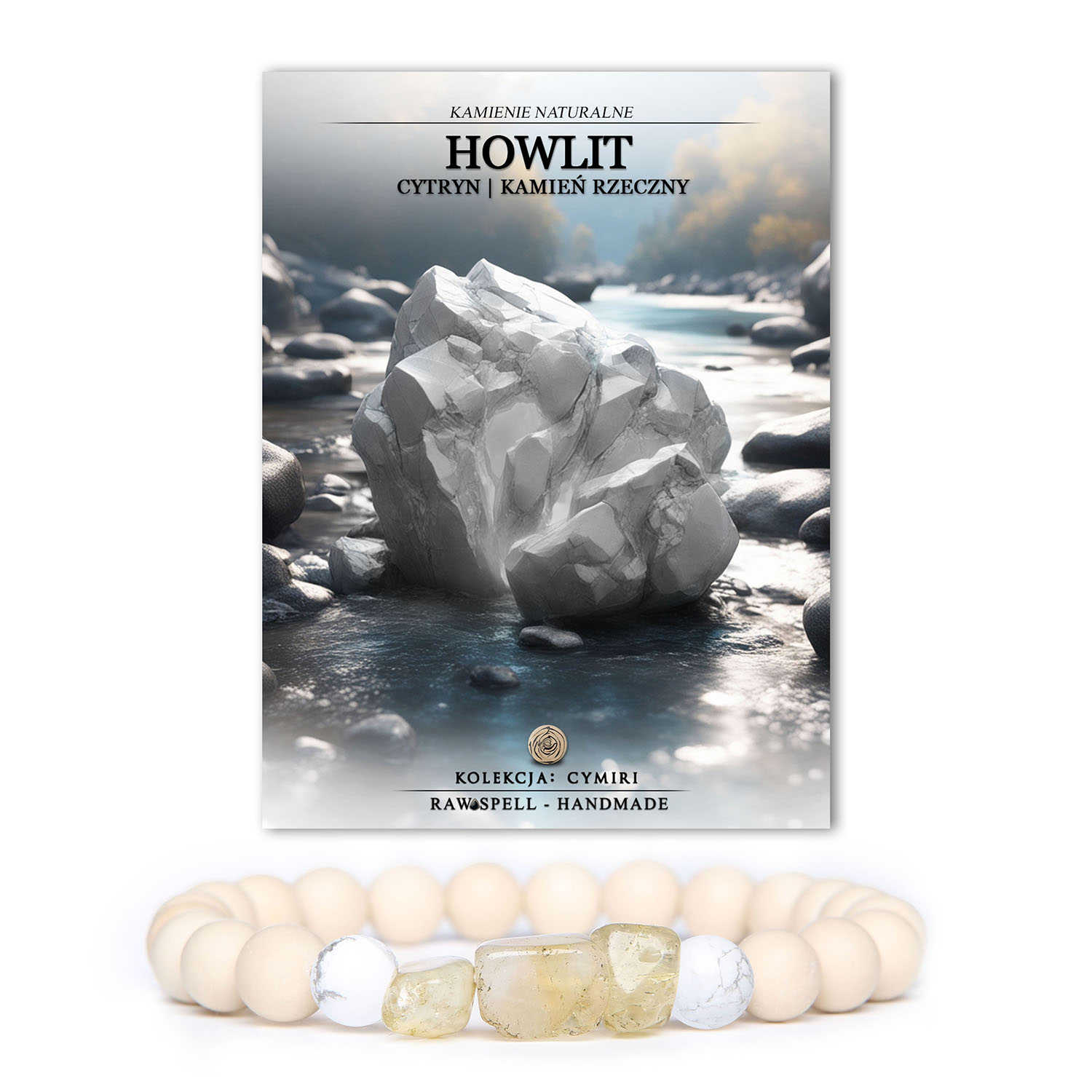 Bransoletka z kolekcji Cymiri, stworzona z Howlitu, Cytrynu i Kamienia Rzecznego, dostępna dla mężczyzn i kobiet.