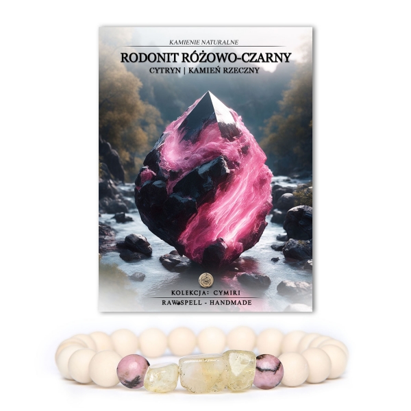 Stylowa bransoletka z kolekcji Cymiri z kamieniami naturalnymi: rodonit różowo-czarny, cytryn i kamień rzeczny, idealna dla każdej płci.