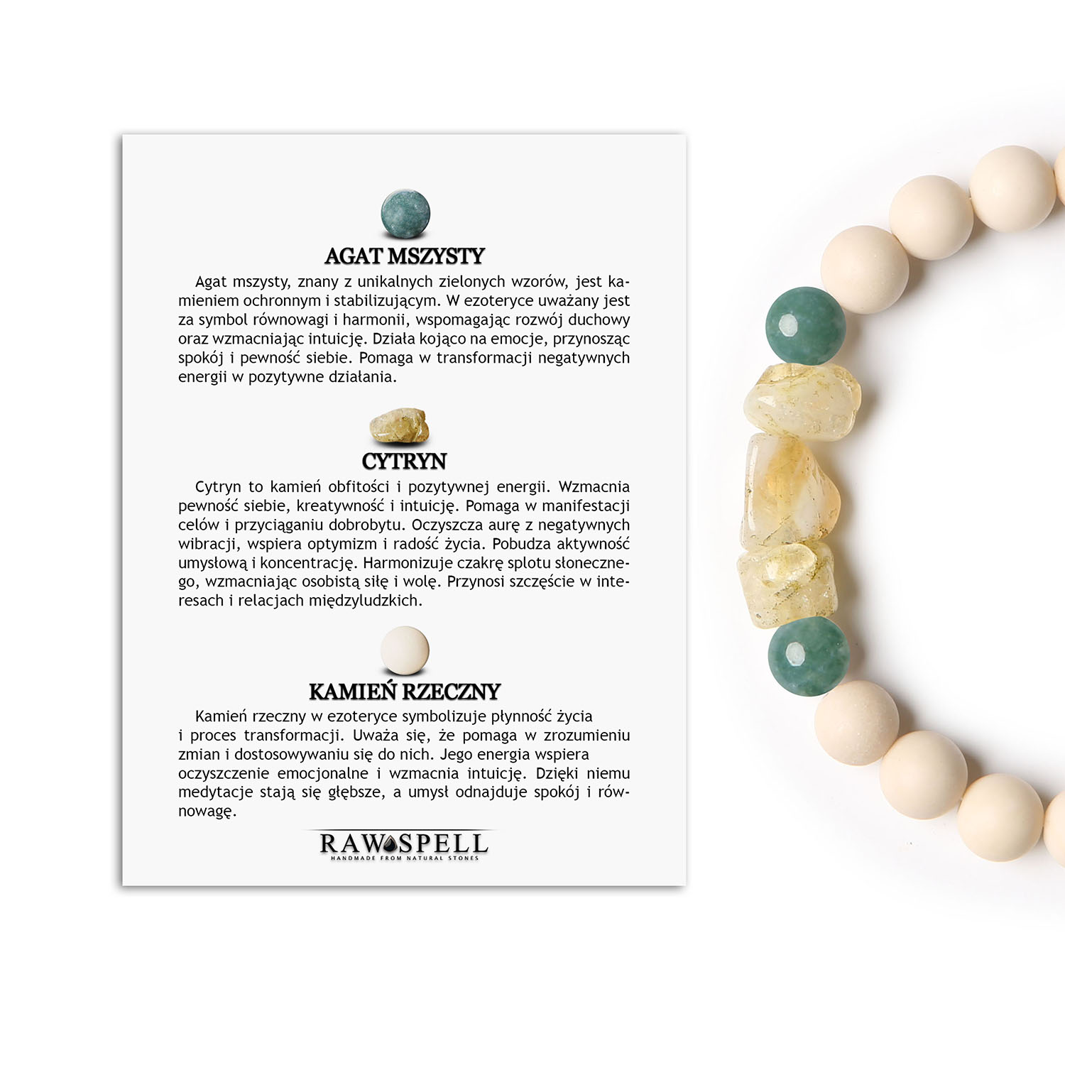 Bransoletka Cymiri z Agatem Mszystym, Cytrynem i Kamieniem Rzecznym. Wyjątkowy dodatek dla każdego Bransoletka z kolekcji Cymiri, zaprojektowana z myślą o mężczyznach i kobietach, ozdobiona agatami mszystymi, cytrynem oraz kamieniem rzecznym.