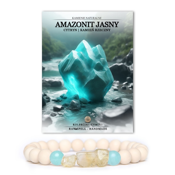 Stylowa bransoletka unisex z kolekcji Cymiri, ozdobiona naturalnymi kamieniami: jasnym amazonitem, cytrynem i kamieniem rzecznym.