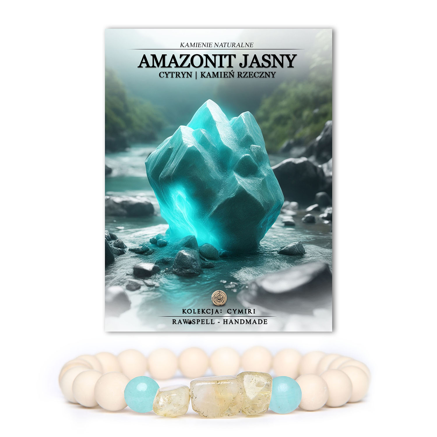 Stylowa bransoletka unisex z kolekcji Cymiri, ozdobiona naturalnymi kamieniami: jasnym amazonitem, cytrynem i kamieniem rzecznym.