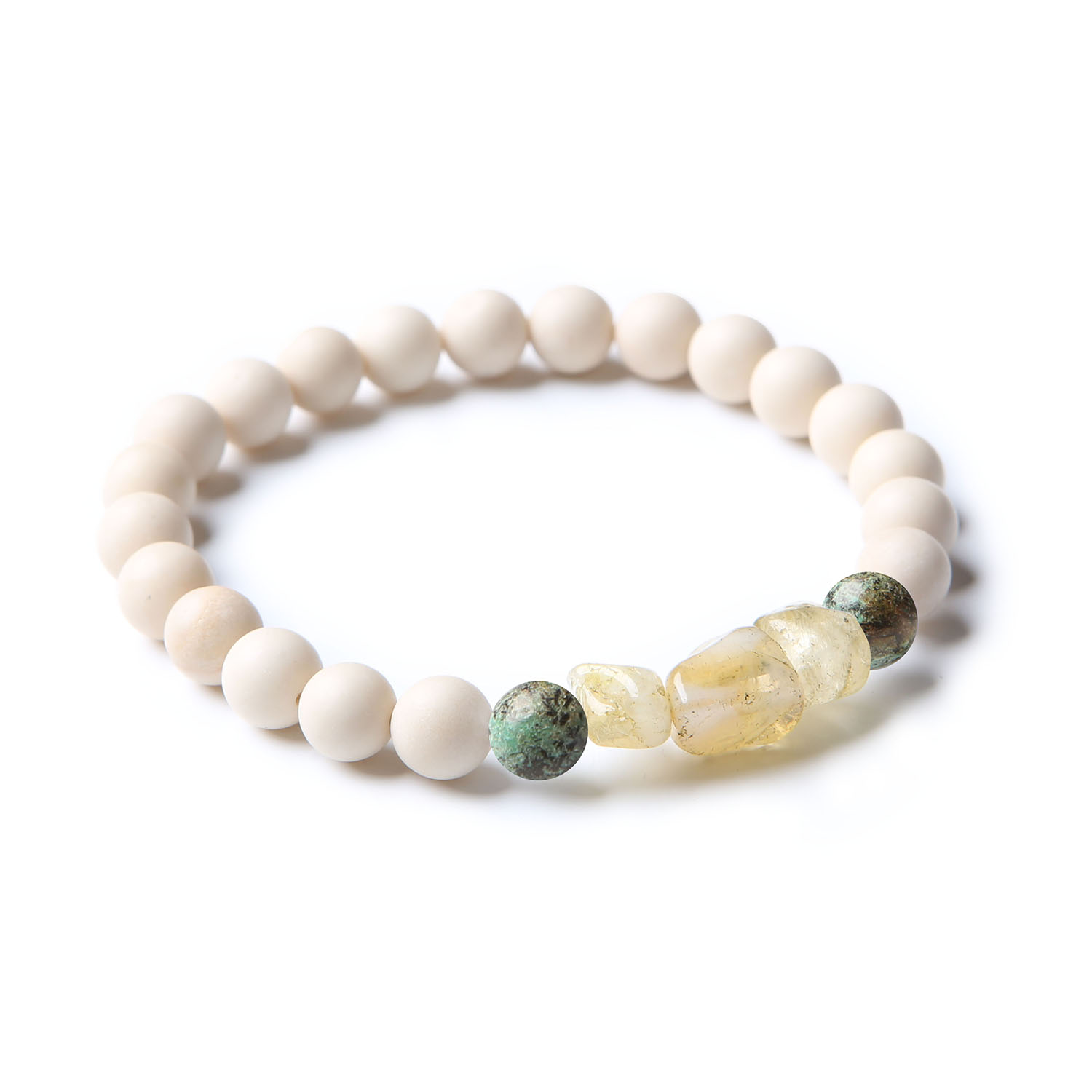 Bransoletka z kolekcji Cymiri, składająca się z kamieni naturalnych: Turkus Afrykański, Cytryn i Kamień Rzeczny, przeznaczona dla Mężczyzn i Kobiet.