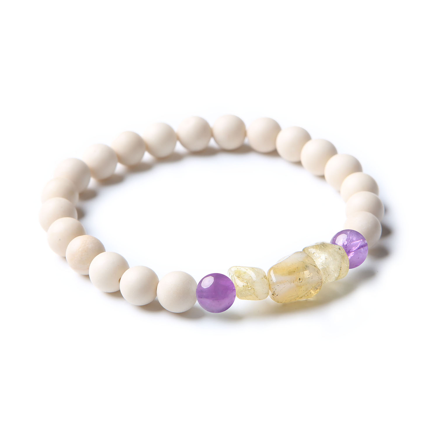 Elegancka bransoletka z kolekcji Cymiri, wykonana z ametystu, cytrynu i kamienia rzecznego, idealna dla każdego.