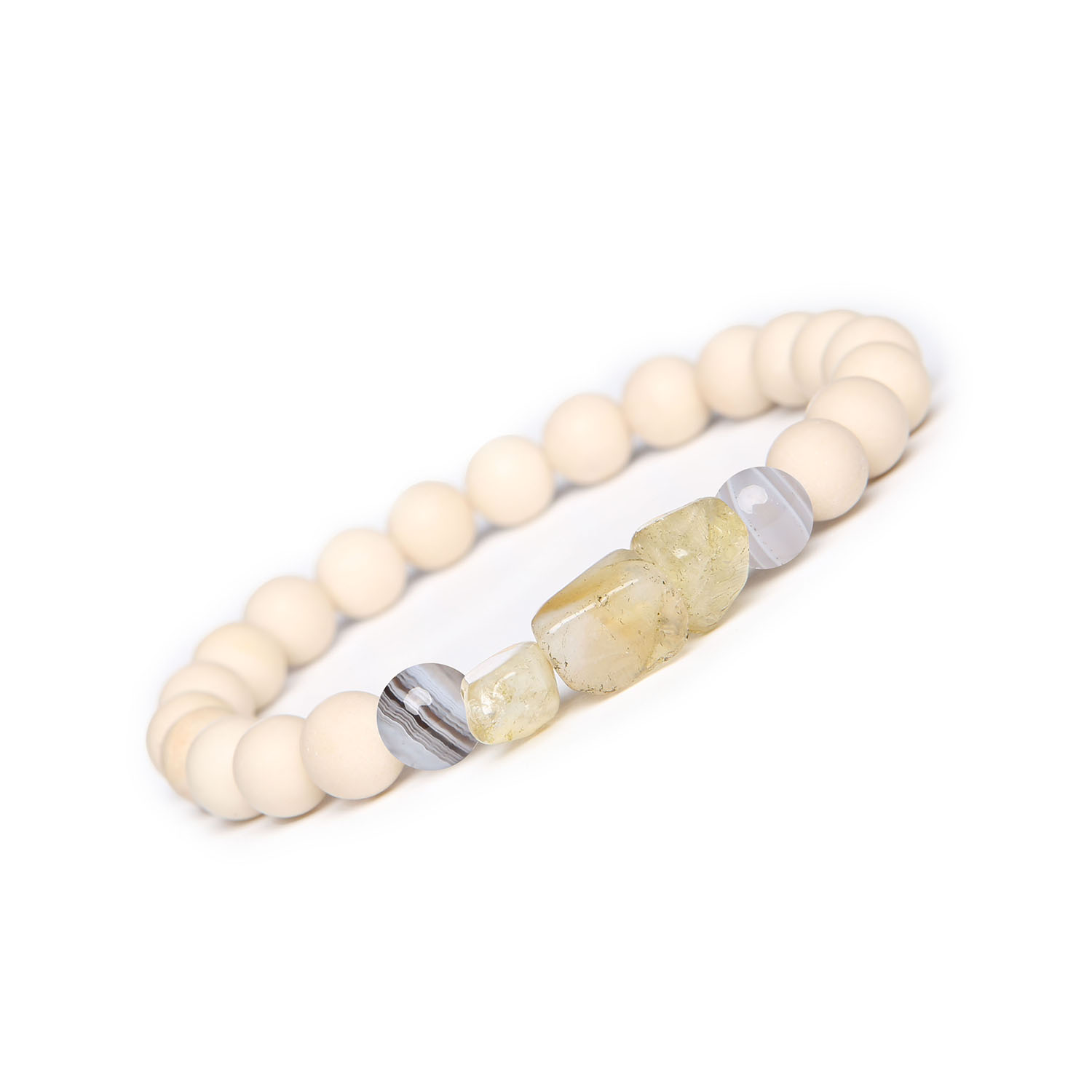 Bransoletka Cymiri z naturalnych kamieni Agat Botswana, Cytryn, Kamień Rzeczny. Styl i energia dla Mężczyzn i Kobiet Stylowa bransoletka z kolekcji Cymiri, stworzona z Agatu Botswana, Cytrynu oraz Kamienia Rzecznego, idealna dla obu płci.