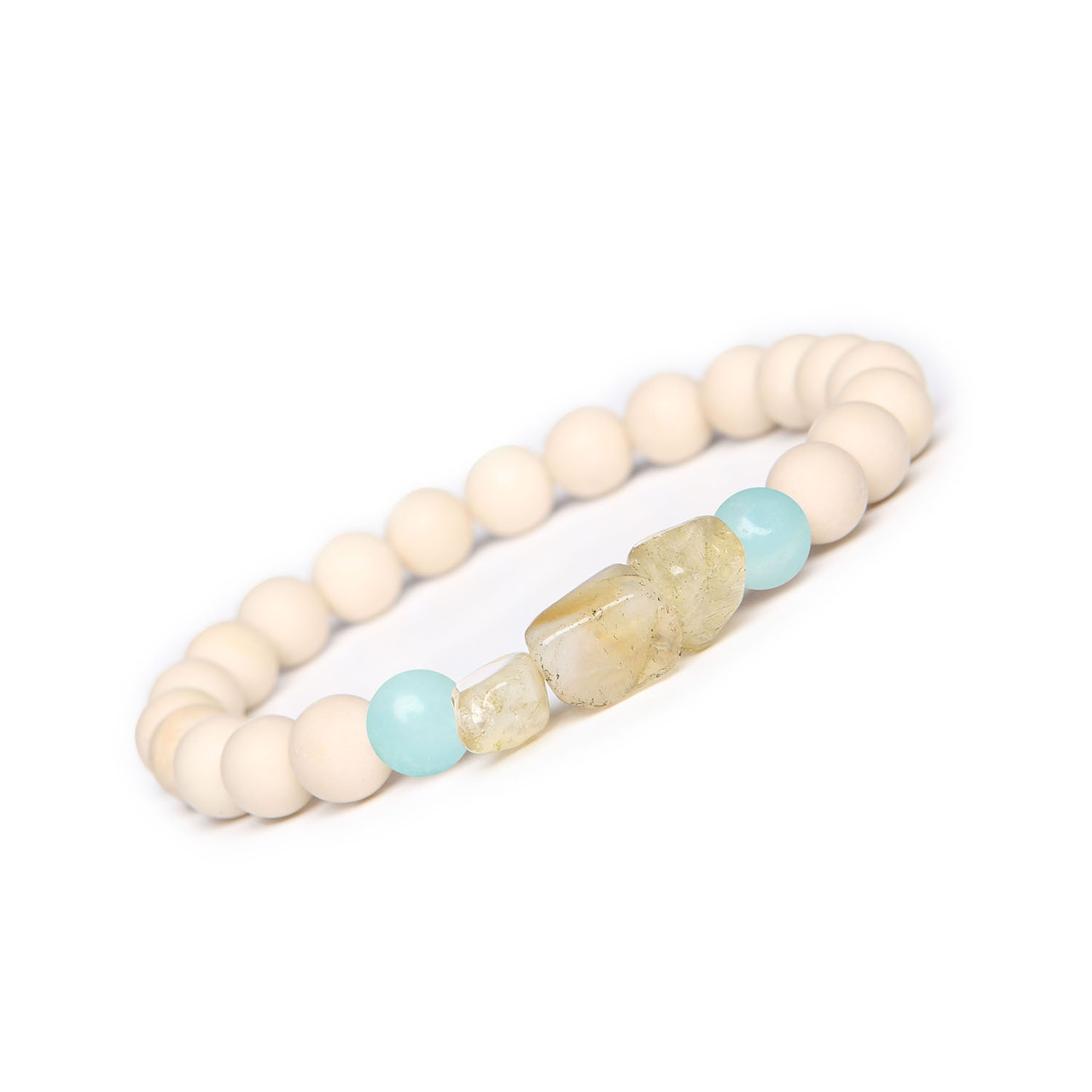 Bransoletka Cymiri z naturalnych kamieni Amazonit Jasny, Cytryn, Kamień Rzeczny - elegancja dla Mężczyzn i Kobiet. Bransoletka dla mężczyzn i kobiet z kolekcji Cymiri, wykonana z naturalnych kamieni: jasnego amazonitu, cytrynu i kamienia rzeczny.