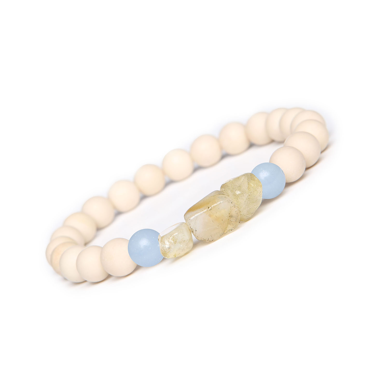 Bransoletka Cymiri z naturalnych kamieni Angelit Peru, Cytryn i Kamień Rzeczny. Idealna dla Mężczyzn i Kobiet Bransoletka unisex z naturalnych kamieni w kolekcji Cymiri, z angelitem, cytrynem i kamieniem rzecznym.