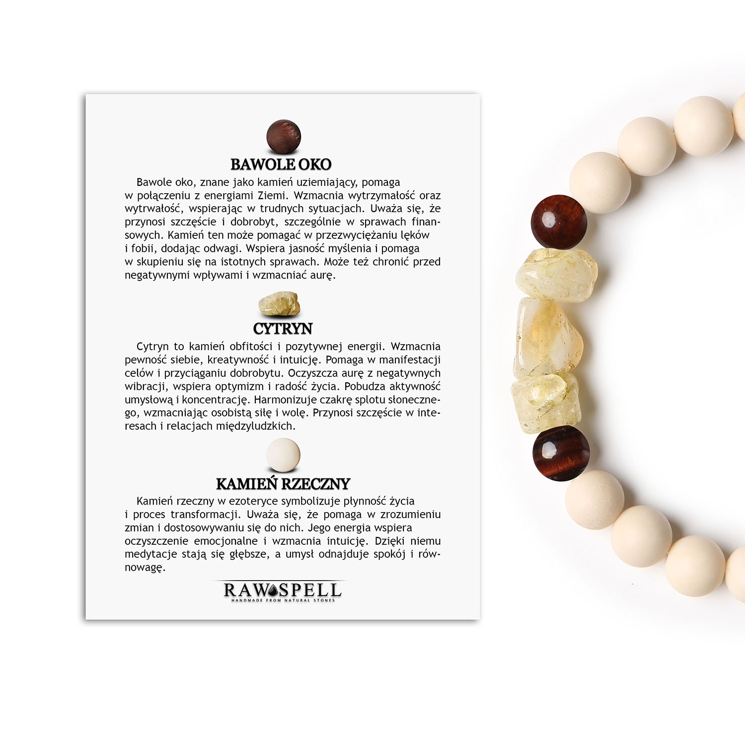 Bransoletka Cymiri z naturalnych kamieni Bawole Oko, Cytryn, Kamień Rzeczny - unikalny wybór dla każdego Elegancka bransoletka unisex z kolekcji Cymiri, złożona z naturalnych kamieni, w tym bawole oko, cytryn i kamień rzeczny.