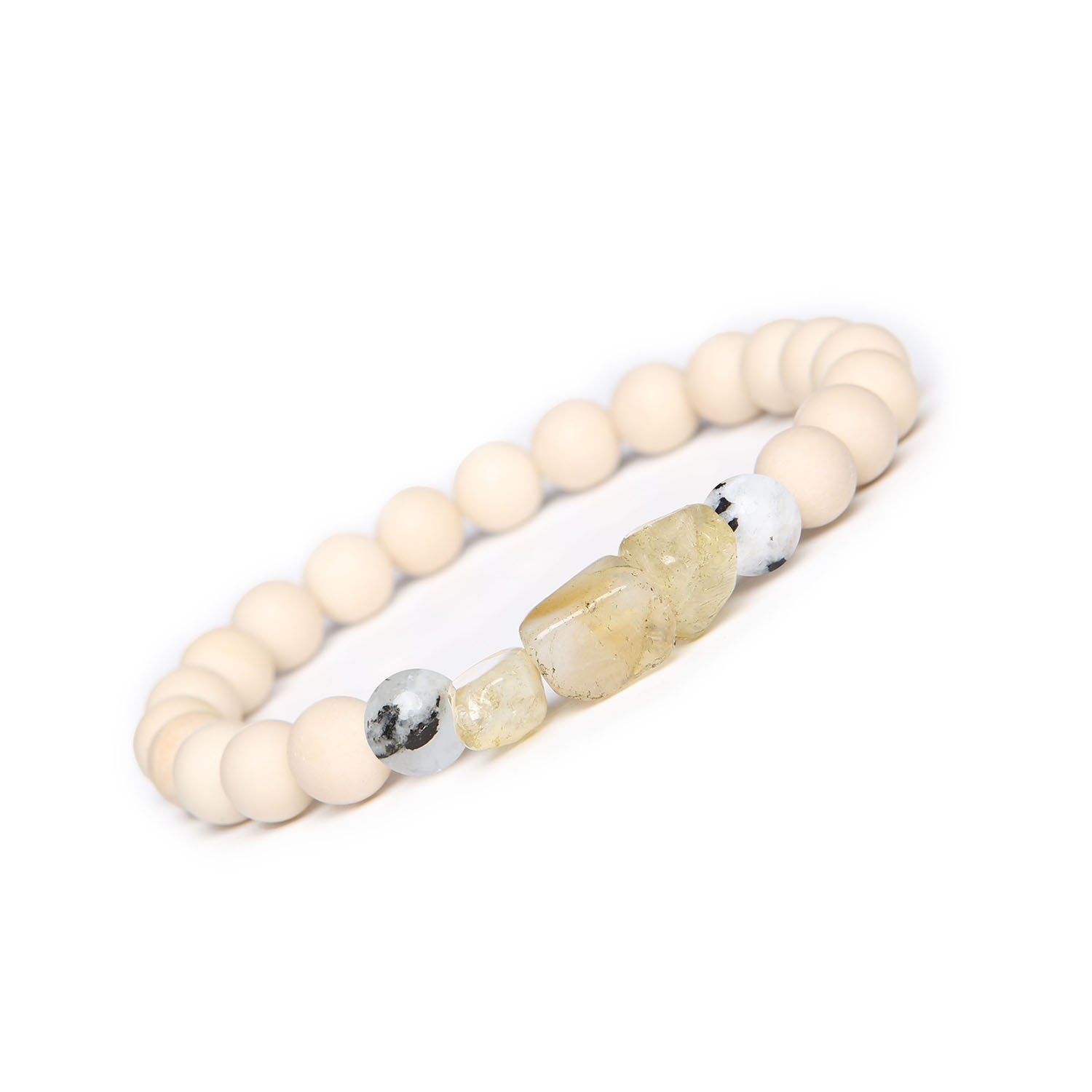 Bransoletka Cymiri z naturalnych kamieni Kamień Księżycowy Łaciaty, Cytryn i Kamień Rzeczny. Idealna dla Mężczyzn i Kobiet Stylowa bransoletka Cymiri z kamieni naturalnych: księżycowy, cytrynowy i rzeczny, doskonały dodatek dla każdego.