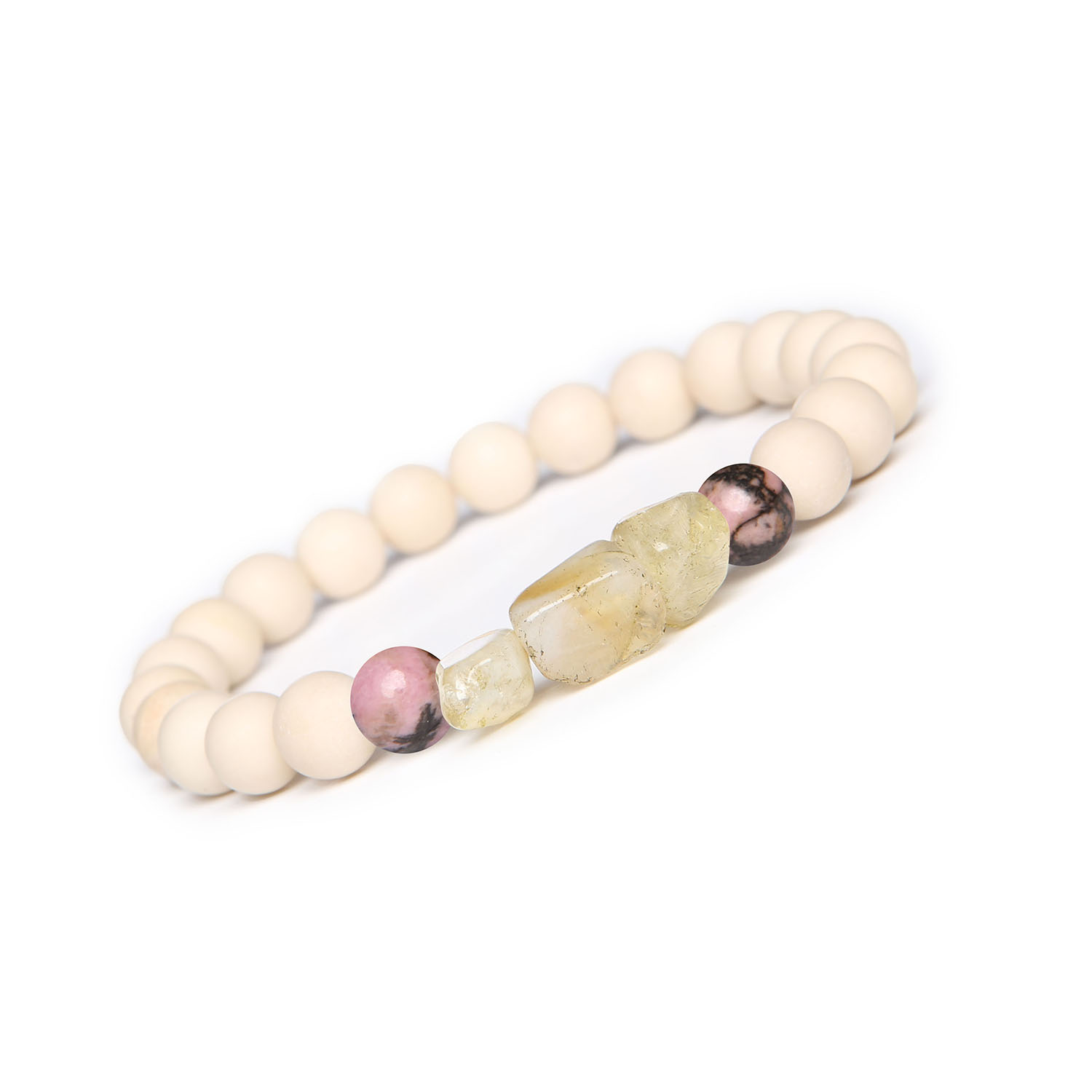 Bransoletka Cymiri z naturalnych kamieni Rodonit różowo-czarny, Cytryn, Kamień Rzeczny. Idealna dla Mężczyzn i Kobiet Bransoletka Cymiri z naturalnych kamieni dla mężczyzn i kobiet - rodonit różowo-czarny, cytryn oraz kamień rzeczny.