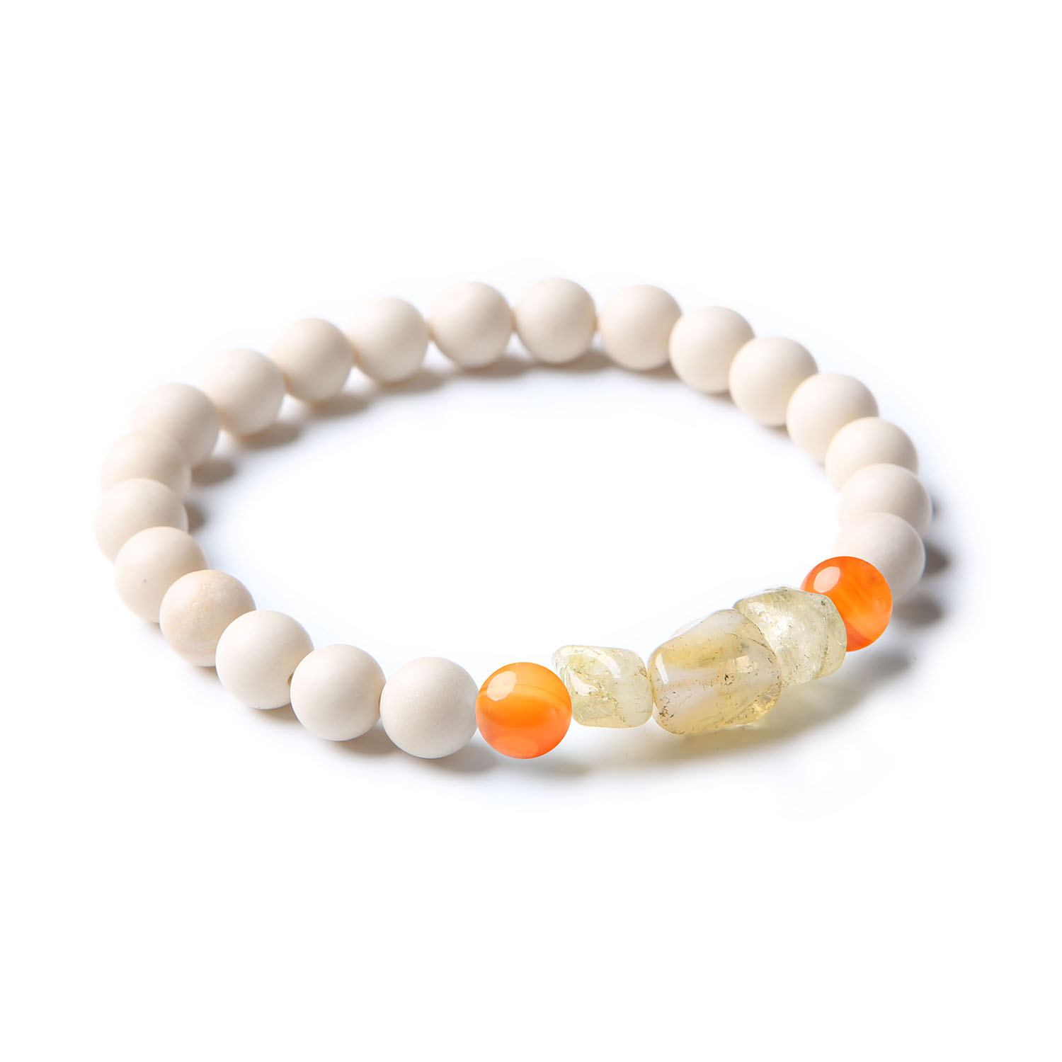 Bransoletka Cymiri z kamieni naturalnych, w tym karneolu, cytrynu i kamienia rzecznego, dostępna dla mężczyzn i kobiet, łącząca elegancję i naturę.