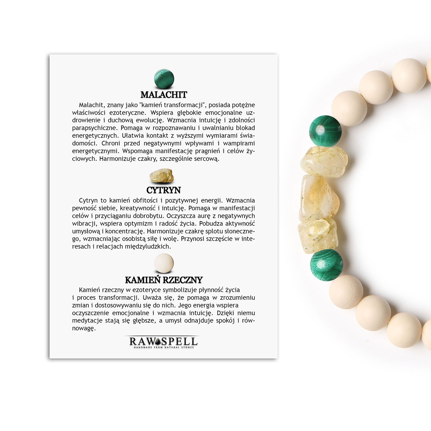 Bransoletka Cymiri z naturalnych kamieni malachit, cytryn i kamień rzeczny. Doskonały wybór dla każdego Bransoletka z kolekcji Cymiri, składająca się z naturalnych kamieni: malachitu, cytrynu i kamienia rzecznego, dostępna dla mężczyzn i kobiet.