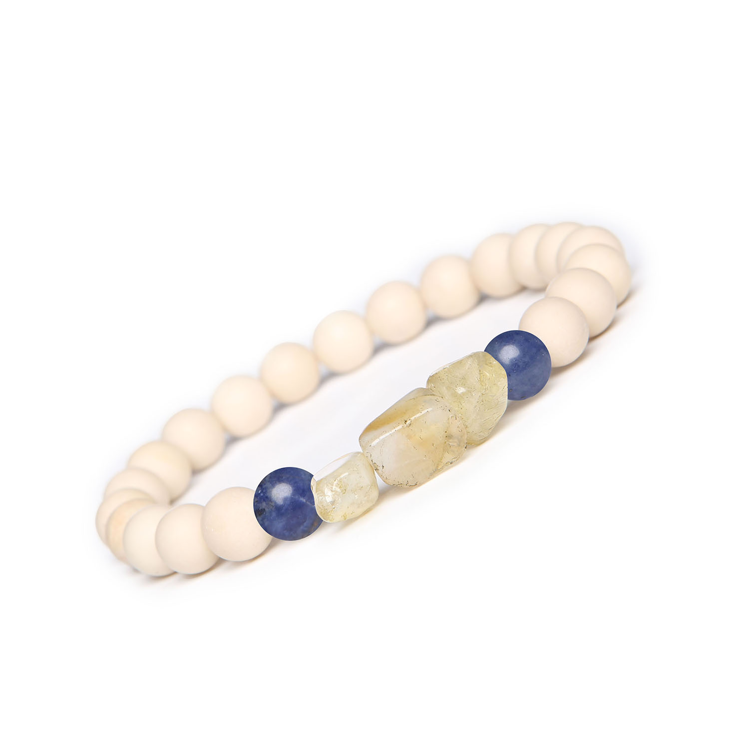 Bransoletka Cymiri z naturalnymi kamieniami sodalitem, cytrynem i kamieniem rzecznym – dla stylowych mężczyzn i kobiet Elegancka bransoletka Cymiri, stworzona z kamieni sodalit, cytryn i kamień rzeczny, dedykowana zarówno mężczyznom, jak i kobietom.