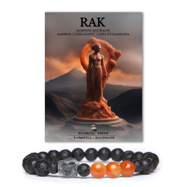Elegancka bransoletka dla Raka z kamieni naturalnych: karneol, labradoryt i lawa wulkaniczna, łącząca estetykę z mocą energii.