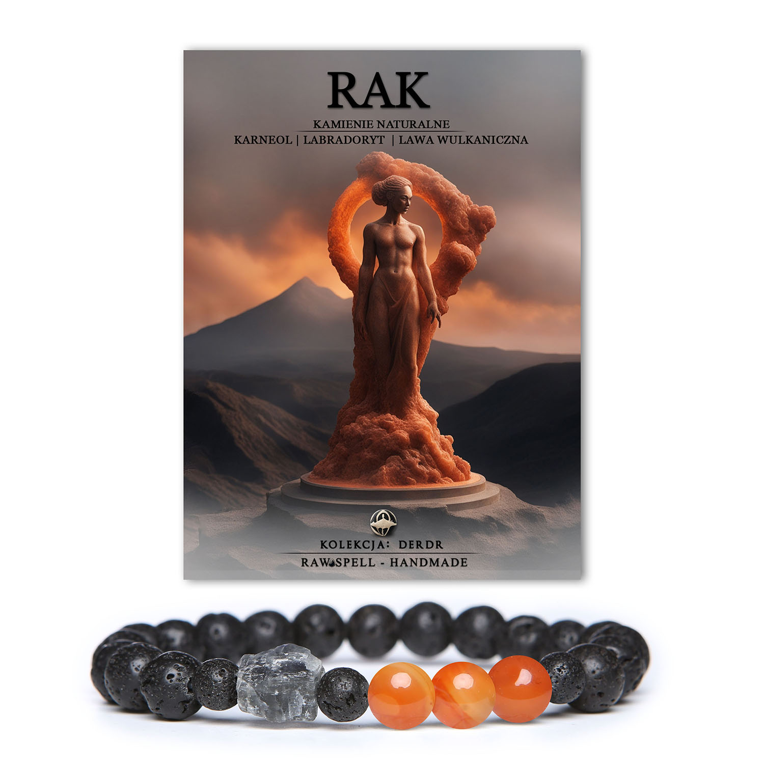 Elegancka bransoletka dla Raka z kamieni naturalnych: karneol, labradoryt i lawa wulkaniczna, łącząca estetykę z mocą energii.