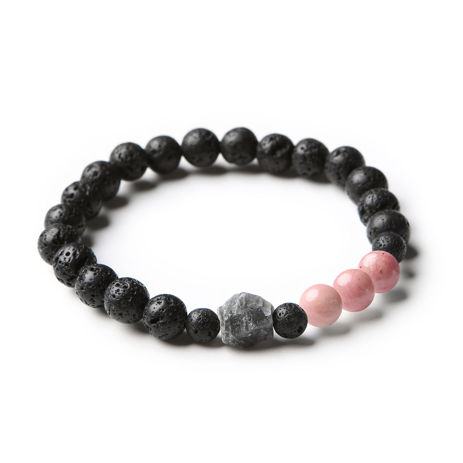 Stylowa bransoletka z naturalnych kamieni rodonit różowy, labradoryt i lawa wulkaniczna z kolekcji Derdr, przeznaczona dla kobiet oraz mężczyzn.