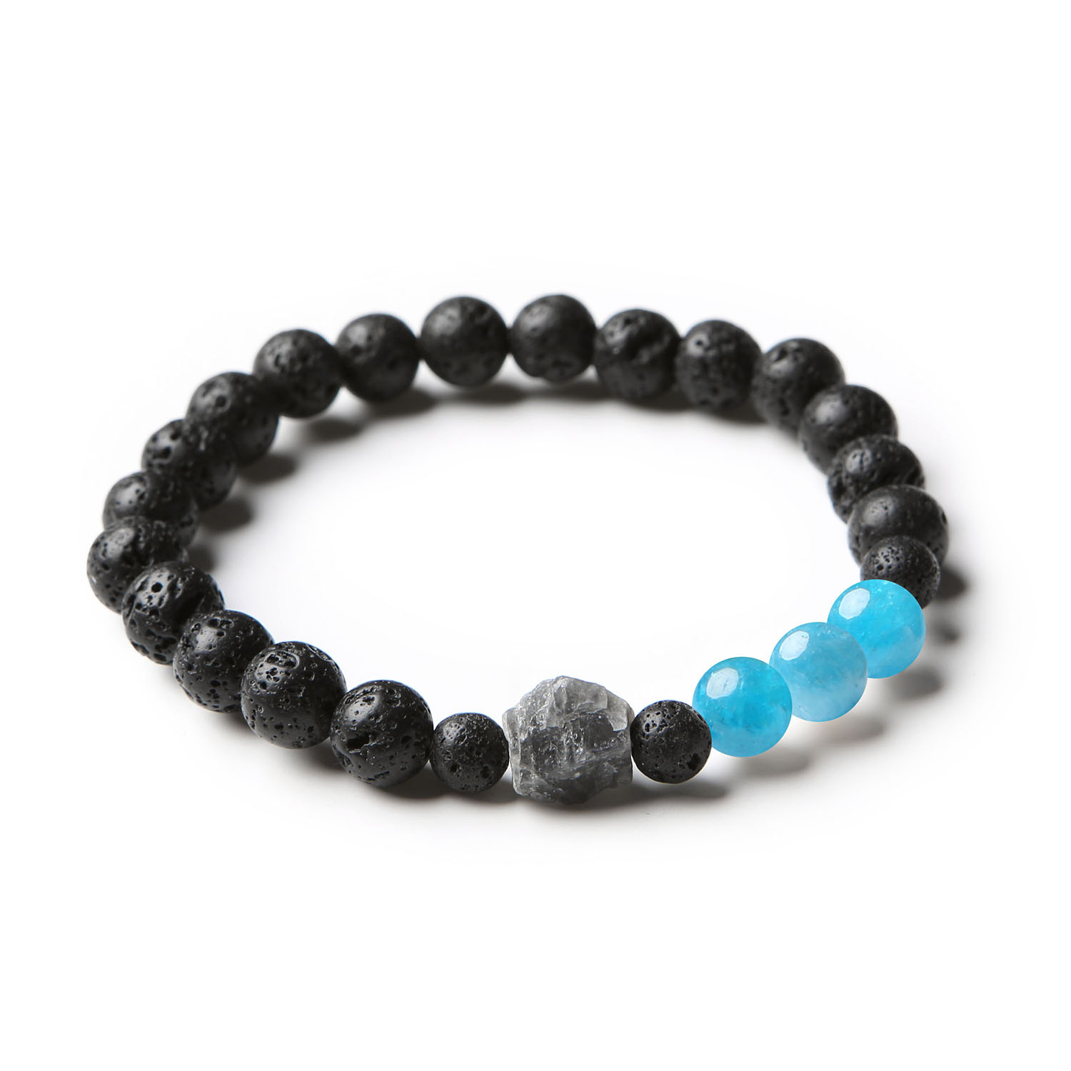 Bransoletka Derdr z lawy wulkanicznej, labradorytu i apatytu, stworzona z myślą o mężczyznach i kobietach, podkreślająca naturalne piękno kamieni.