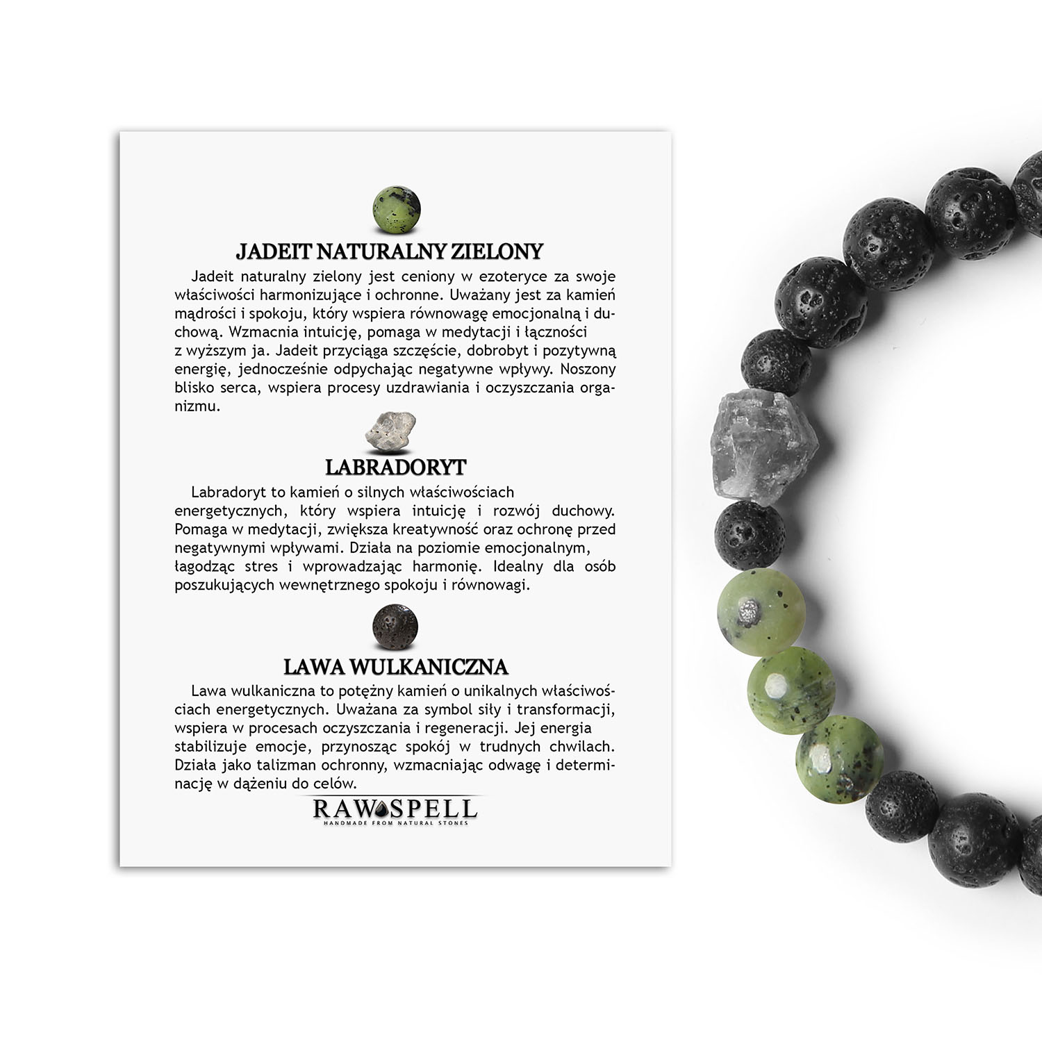 Bransoletka Derdr - połączenie jadeitu, labradorytu i lawy wulkanicznej. Naturalne kamienie dla eleganckich kobiet i mężczyzn Stylowa bransoletka Derdr z jadeitem zielonym, labradorytem i lawą wulkaniczną, z naturalnych kamieni, unikalna biżuteria dla kobiet i mężczyzn.