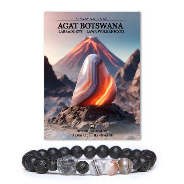 Bransoletka z kolekcji Derdr wykonana z agatów Botswana, labradorytu oraz lawy wulkanicznej. Zastosowanie naturalnych kamieni sprawia, że jest idealna zarówno dla kobiet, jak i mężczyzn.