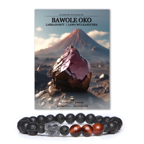 Elegancka bransoletka z kolekcji Derdr z wykorzystaniem bawolego oka, labradorytu oraz lawy wulkanicznej - unisex, dla każdego miłośnika oryginalnej biżuterii.